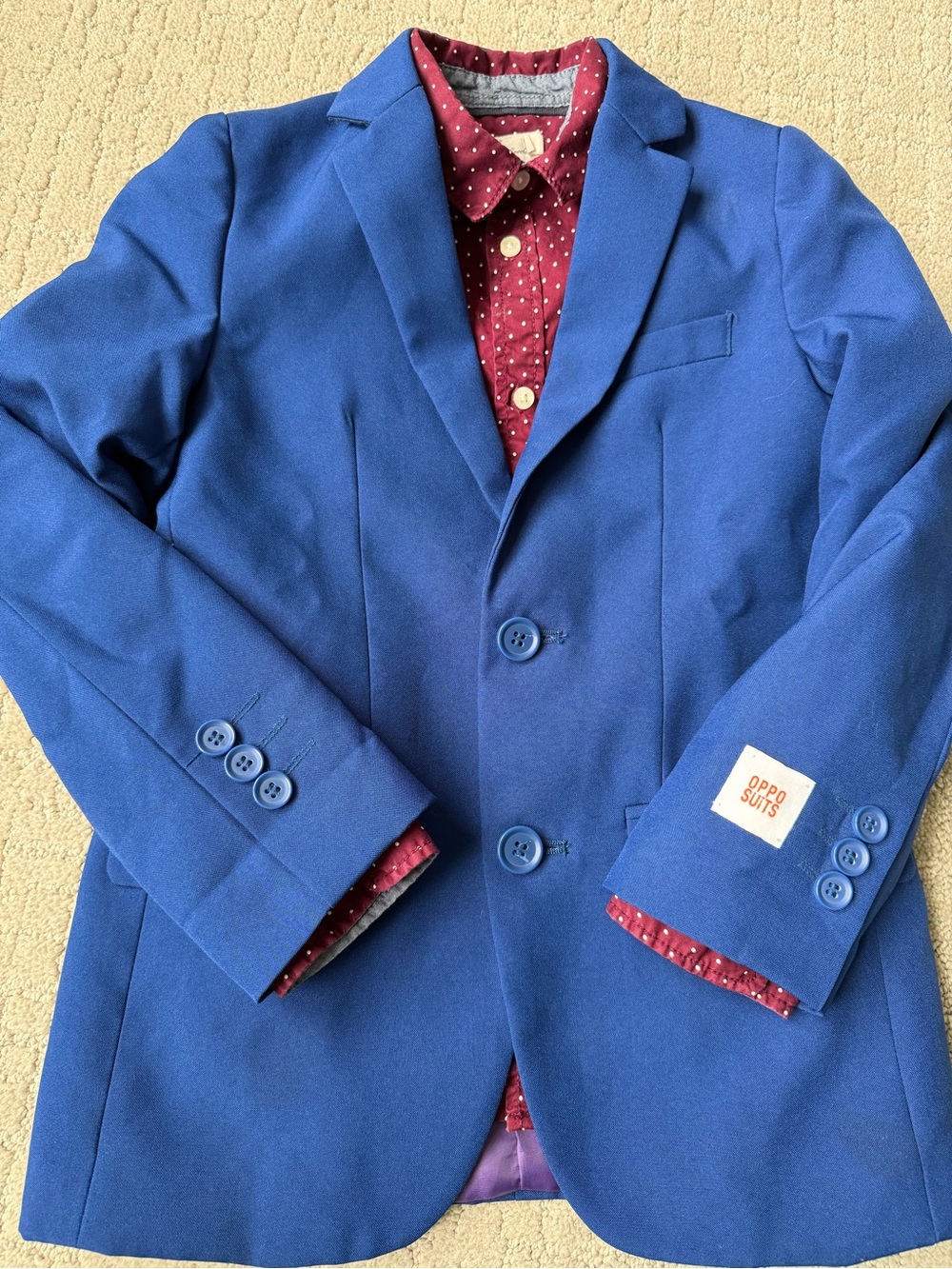 OppoSuits Sapphire Blue Blazer with Burgundy Dot Button Down Shirt Size 8